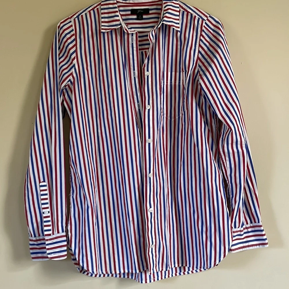 J Crew Womens Washed 4th July Red White Blue Striped Shirt